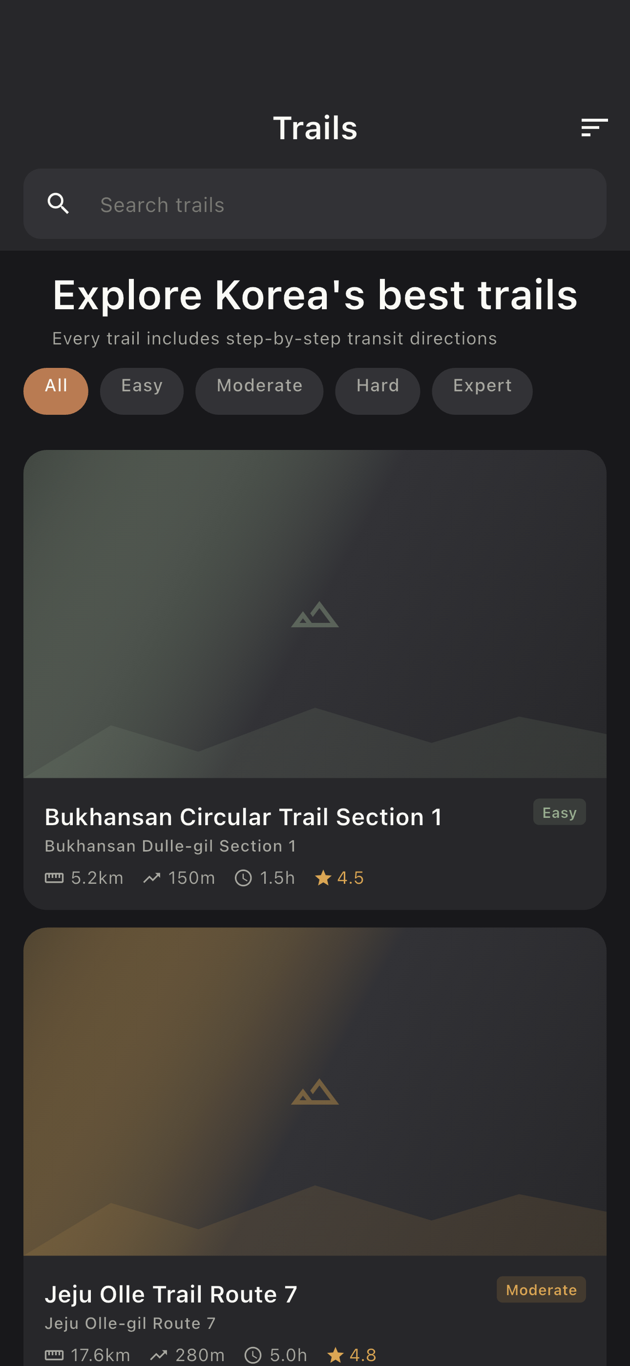 Full trail list with search and filter